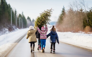 happy Children carry a Christmas tree