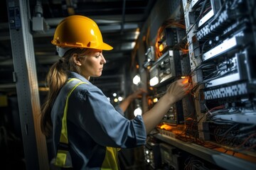 woman professional electrician in overalls inspects an electrical panel