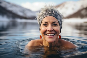 mature smiling woman swimming in a lake in winter - obrazy, fototapety, plakaty