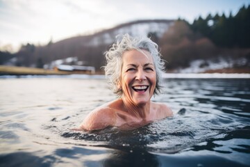 mature smiling woman swimming in a lake in winter