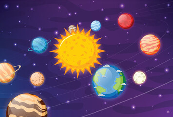 solar system planets cartoon. Earth, mars, pluto, venus, mercury, neptune, uranus, and jupiter planet, isolated on galaxy space background © ROFIDOHTUL