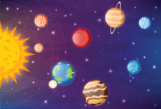 solar system planets cartoon. Earth, mars, pluto, venus, mercury, neptune, uranus, and jupiter planet, isolated on galaxy space background