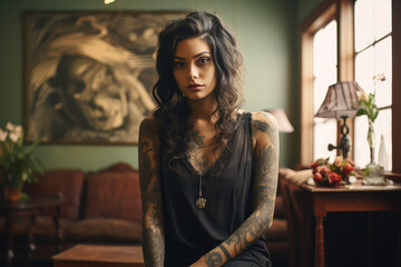 Obraz na płótnie Canvas pretty young woman with tattoos indoors