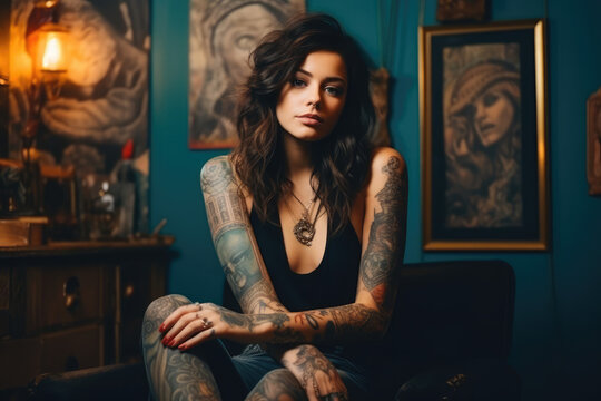 pretty young woman with tattoos indoors