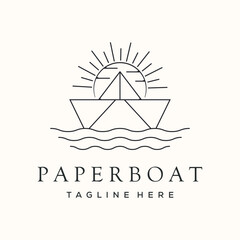 paper boat landscape line art logo vector minimalist illustration design, origami boat symbol design
