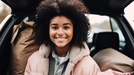 First-year African American student smiles while packing for campus in her car. Generative AI