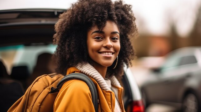 A happy Afro first-year female student packs car for college at home. Generative AI