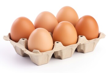 Fresh raw chicken eggs in carton box on white background