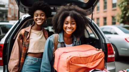 Fototapeta na wymiar Preparing for college, a cheerful first-year Afro students loads her car. Generative AI