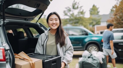 Packing up for school, a first-year Asian female student is all smiles. Generative AI