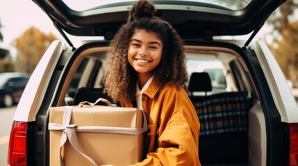 Happy multicultural female student smiles and packs her car with college essentials. Generative AI