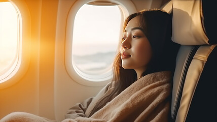 Young woman traveler looking view at window in airplane with happiness and relaxing