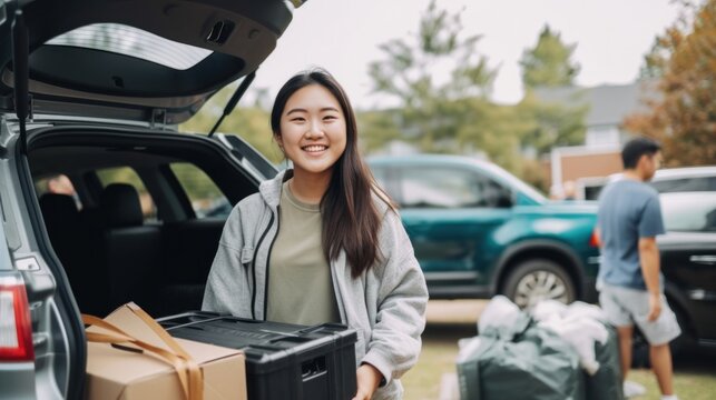 Packing up for school, a first-year Asian female student is all smiles. Generative AI
