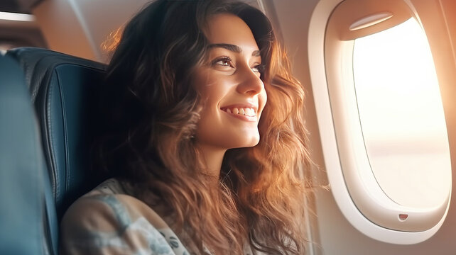 Young woman traveler looking view at window in airplane with happiness and relaxing