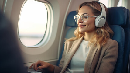 female passenger of airplane sitting in comfortable seat listening music in earphones while working at modern laptop computer.generative ai