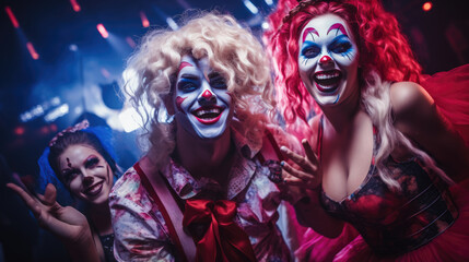 Obraz premium Young People in Costumes Celebrating Halloween. Group of Young Happy Friends Wearing Halloween Costumes having Fun at Party in Nightclub