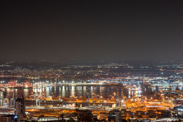 night view of the Haifa city and Akko bay