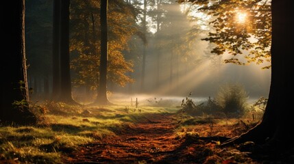 Rays of sun break through the crowns of trees in the forest. Morning sunrise or sunset in the forest.