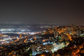 night view of the Haifa city and Akko bay