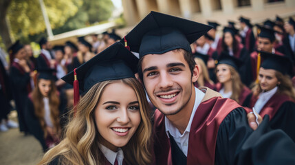 Happy smiling graduating friends in an academic gowns standing in front of college