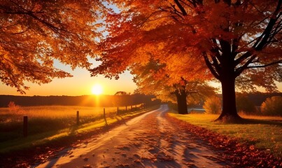 Naklejka na ściany i meble village road in autumn with trees and autumn leaves sunset, ai generative