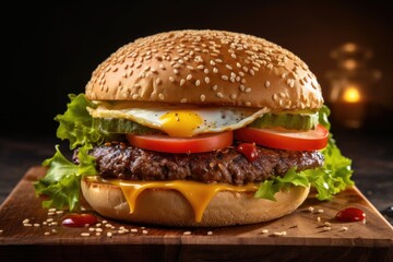 Tasty burger with fried egg, lettuce, tomato, cheesse and sesame seed bun on wooden board