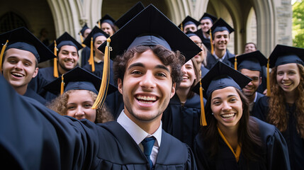 Obraz premium Happy smiling graduating friends in an academic gowns standing in front of college and taking selfie