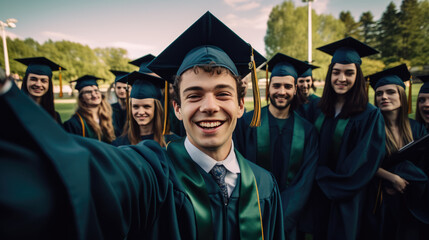 Obraz premium Happy smiling graduating friends in an academic gowns standing in front of college and taking selfie