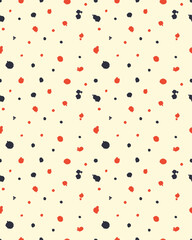 Simple seamless background in polka dots. Vector pattern in black and orange colors. Freehand drawing vector diffused spots.
