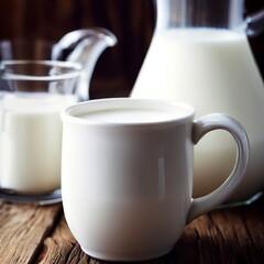 Fototapeta na wymiar Fresh milk in a mug and jug on wooden table
