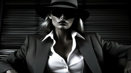 stylish beautiful female portrait, lady in hat posing, in style of vintage and retro, black and white shot, generative AI