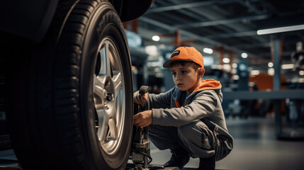 Car mechanic working in garage and changing wheel alloy tire. Repair or maintenance auto service.