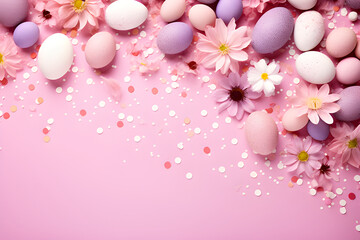 Fototapeta na wymiar Brightly colored, beautiful eggs and flowers lay flat on a pink background.