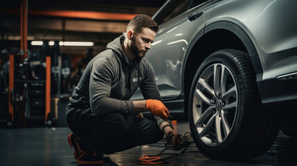 Obraz na płótnie Canvas Car mechanic working in garage and changing wheel alloy tire. Repair or maintenance auto service.