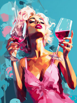stylish illustration of beautiful female with wine glass in hand, in style of retro and vintage, generative AI