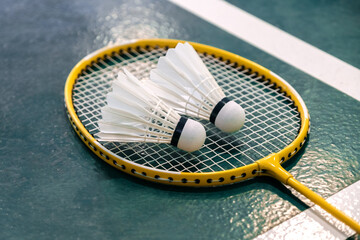 Yellow badminton racket and white badminton shuttlecock
