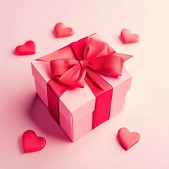 pink gift box with red hearts on a pink background