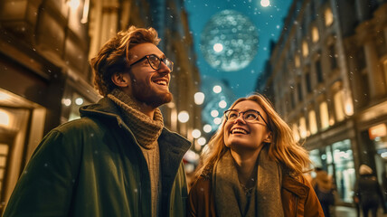 young Couple in warm clothes and eyeglasses smiling while looking up at lanterns and admiring...