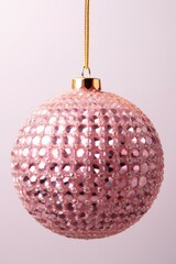 Obraz premium Photo of a pink Christmas Bauble hanging from a gold string against a white background created with Generative AI technology