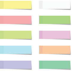 Post note stickers with shadow, paper sticky tapes set placed on transparent background. Vector office color post sticks.