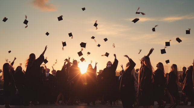 College graduated students throwing their caps up in celebration of graduation