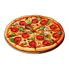 Hand Draw Pizza with various ingredients in cartoon style. Whole and chopped pizza icon. Vector illustration EPS10