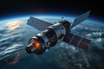 Obraz premium Satellite in orbit around Earth. Blue planet and space in the background