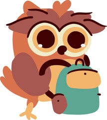 Owl hold school bag . Cute cartoon characters . Hand drawn style . PNG .