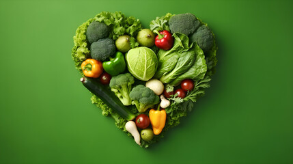 Heartshaped fresh veggies on a green backdrop. Happy vegan day. AI Generated - obrazy, fototapety, plakaty