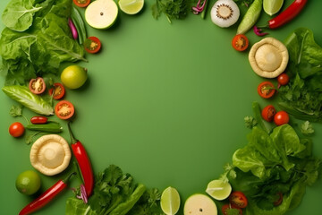Vegetable frame with copy space center on a green background. Happy vegan day. AI Generated