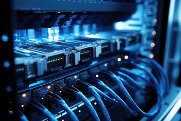 Server room with switch, internet cables and wires. Fiber optic equipment in data center. Network background. - 645739814