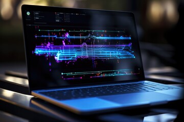 Obraz premium Laptop computer on desk in office. Monitor screen shows company growth data with financial graphs, gharts, trading charts, software UI.