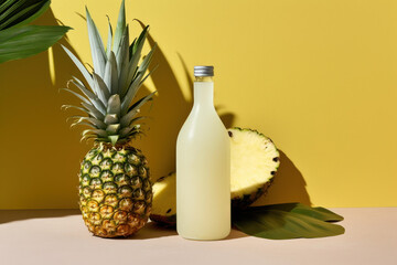 Bottle of fresh pineapple juice and pineapples on yellow background