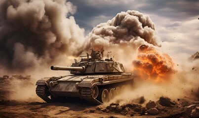 tanks in war with dust and explosions, ai generative